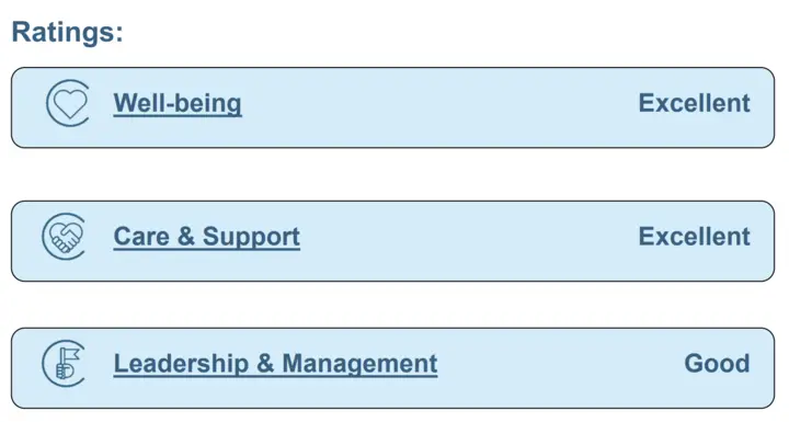 CIW Ratings - Well-being: Excellent; Care & Support: Excellent; Leadership & Management: Good